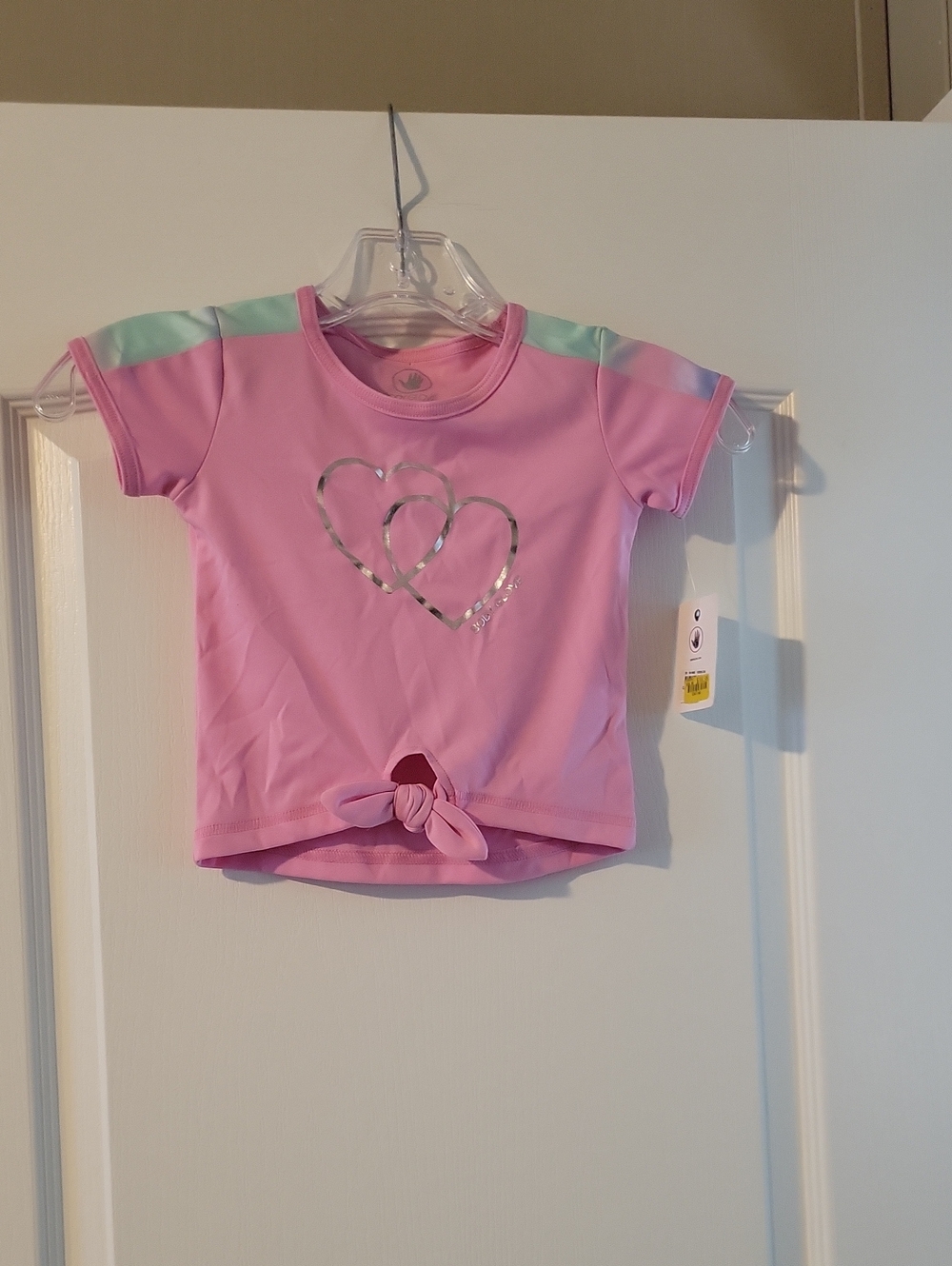 Body Glove Girls Pink Tee with Mint Shoulder Accents and Silver Heart
